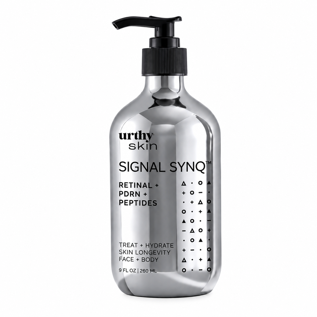 A 9 fl oz silver pump bottle of urthy skin Signal Synq Retinal + PDRN + Peptides serum, shown on a clean white background.